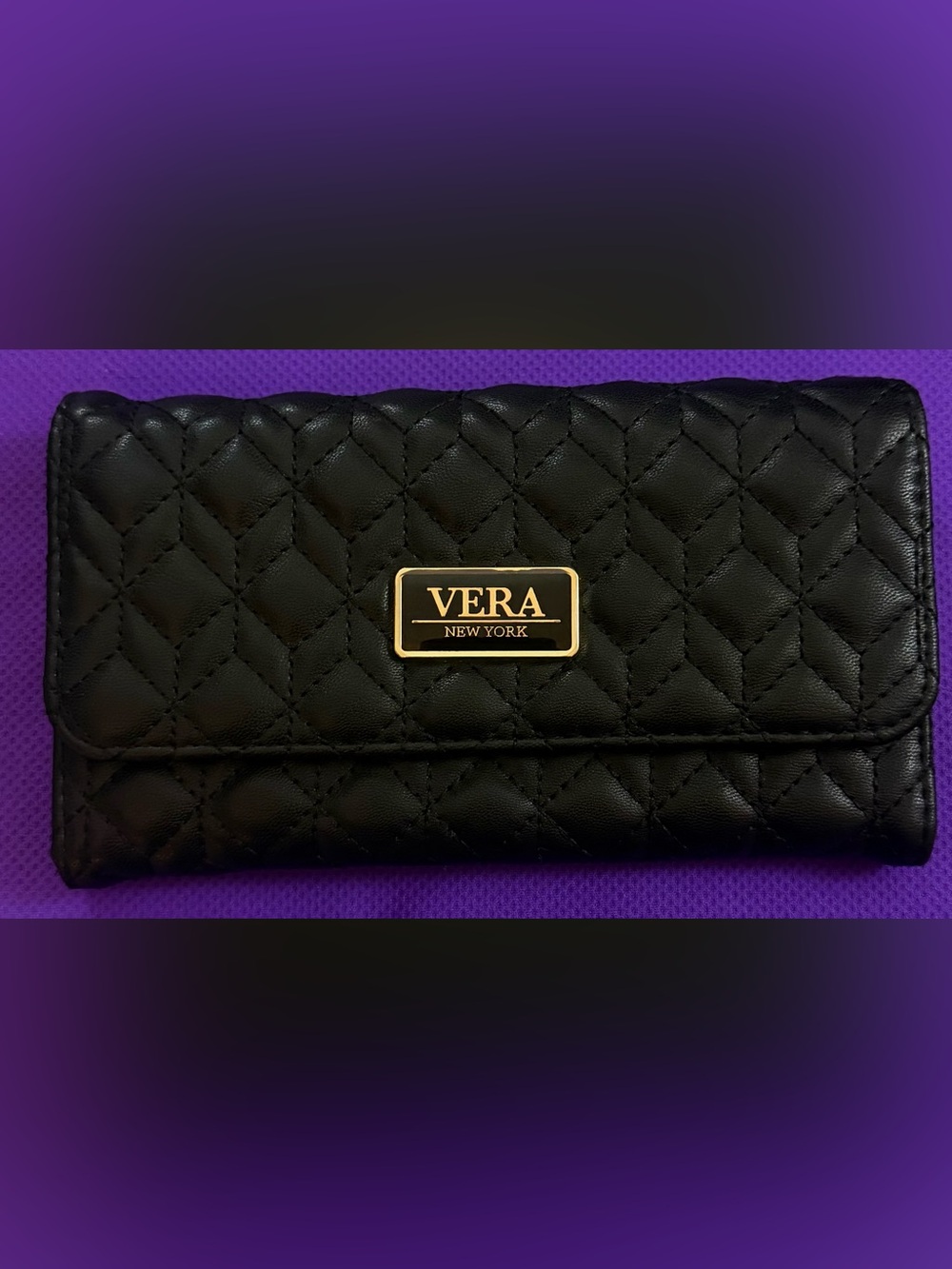 Vera New York Quilted Black Women's Wallet with Gold Plaque